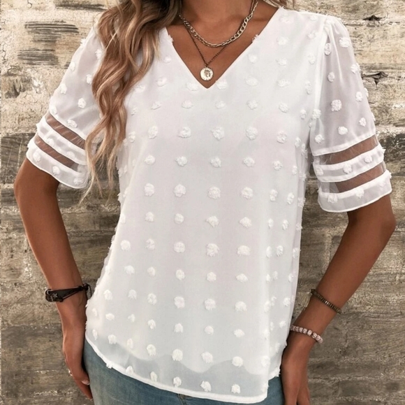Swiss Dot Vneck Short Sleeve Blouse in White - Picture 7 of 7
